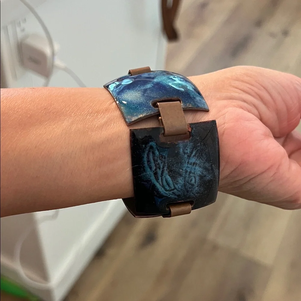 Vintage copper enamel panels squares hand made Blue and Black Artistic Bracelet - Picture 2 of 6